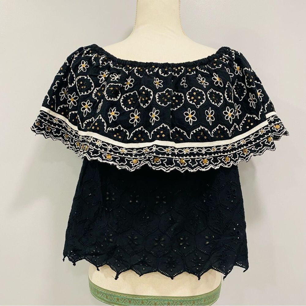 NWT Hemant & Nandita S Black Eyelet Off Shoulder Bohemian Coachella Festival Top